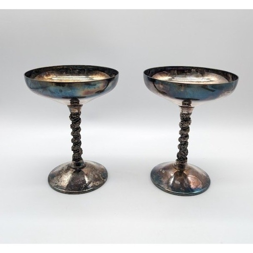2 Set Vintage Valero Spain Silver Plated Champagne Coupe Goblets Chalice Cosplay